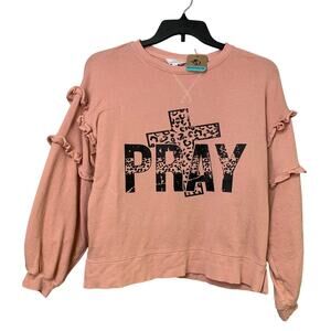 Upcycled Hand Printed Womens Large Pink Ruffled Sleeve Jesus Pray Sweatshirt